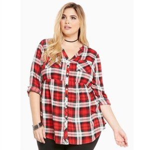 Torrid Womens Red Black Plaid Long Sleeve Button Up Hi Low Babydoll Top Size 2X
